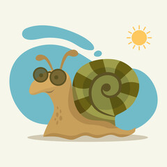 Cute snail cartoon. Vector illustration. Snail in glasses. The background is blue sky and sun.
