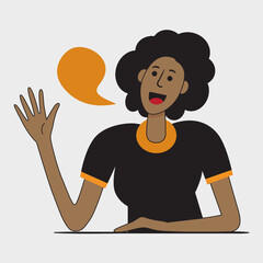 African woman waving hand, talking to camera, sitting at cafe table, video calls, blog post, portrait with head