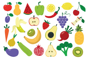 Set of fruits and vegetables. Simple and clear flat illustration.