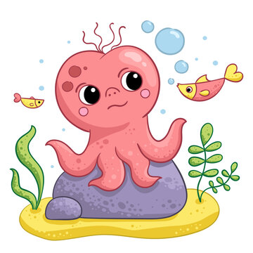 Little octopus at the bottom of the sea. The octopus perched on a stone.  Vector drawing in children's style.