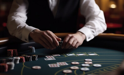 Croupier behind gambling table in casino background concept generative ai