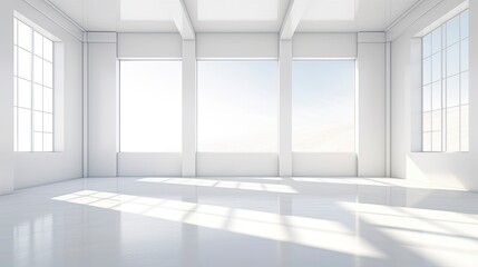Fototapeta na wymiar A white Empty room Surreal Minimalistic style morning light copy space, Generative AI