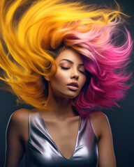 Attractive young woman with colorful hair blown away. Generative AI