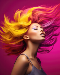 Attractive young woman with colorful hair blown away. Generative AI