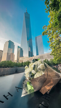 A bouquet of flowers left at the 9/11 Memorial on May 23, 2023 in New York City