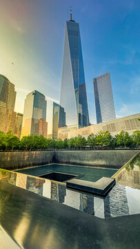 Cityscape that includes 9/11 Memorial and WTC One on May 23, 2023 in New York City