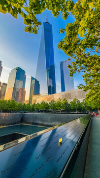 Cityscape that includes 9/11 Memorial and WTC One on May 23, 2023 in New York City