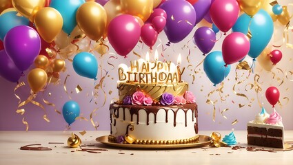 Happy birthday celebration with colorful balloons, candles, chocolate splash background design wallpaper generated by AI