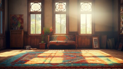 Empty room bohemian style morning light copy space, Generative AI