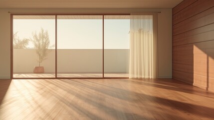 Obraz na płótnie Canvas Empty room Mid Century Modern style morning light copy space, Generative AI