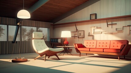 Empty room Mid Century Modern style morning light copy space, Generative AI