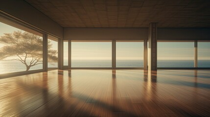 Empty room Mid Century Modern style morning light copy space, Generative AI