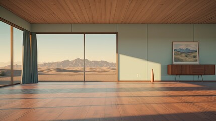 Empty room Mid Century Modern style morning light copy space, Generative AI