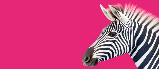 Zebra head on pink background. Wide banner with copy space