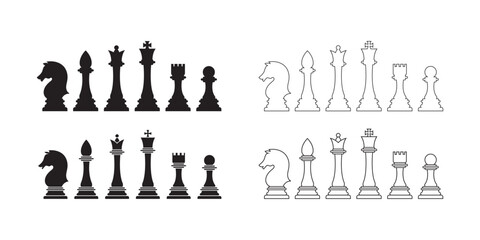 Chess icon set. linear and black chess pieces. Vector illustration