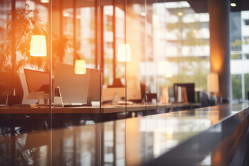 Illuminated Serenity: Modern Office Bliss with Panoramic Views. AI Generated.