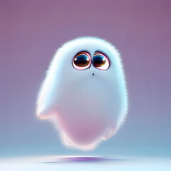 Obraz premium white halloween ghost, furry, fluffy, bright, big eyes, photography, 3D art, animated, decorative, light lilac background