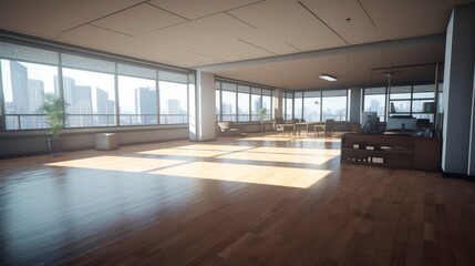 Office empty room morning light copy space, Generative AI