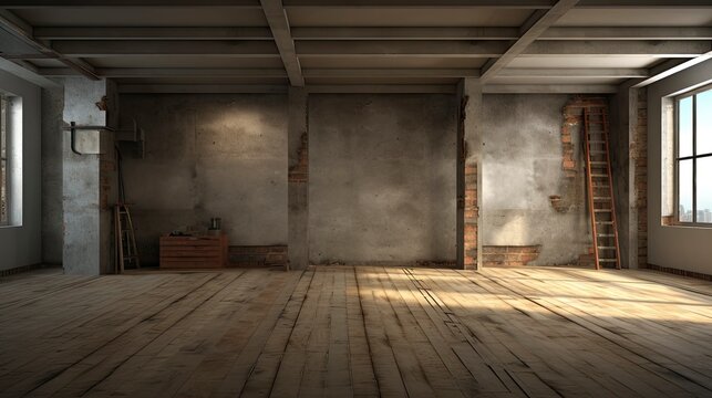 Under Construction renovate Empty room moning light copy space, Generative AI © kanesuan