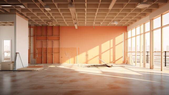 Under Construction renovate Empty room moning light copy space, Generative AI