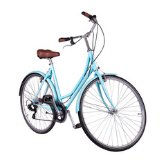 Blue retro bicycle, generic clean and new. Brown leather saddle and handles, front side view. Vintage look city bike. Png isolated on transparent background