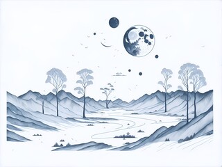 Landscape with moon. AI generated illustration