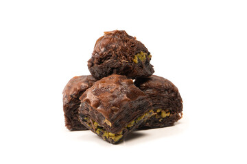 Turkish chocolate baklava isolated on white background.
