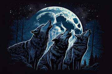 A group of wolves in the night forest howl at the big moon.