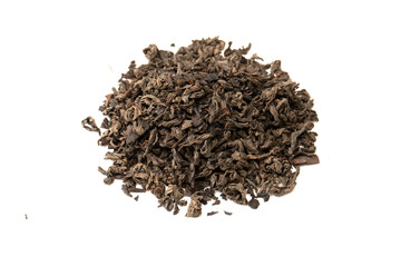 Dried tea leaves isolated on a white background.