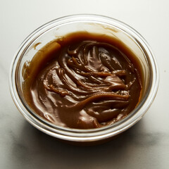 Salted Caramel sauce in glass bowl on white marble background. Butter, sugar with cream and salt. 