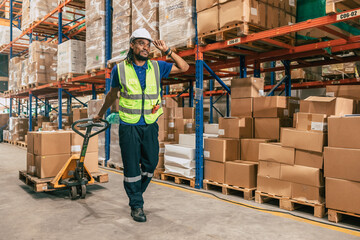 warehouse worker using parcel pallet in cargo shipping logistics ship supply management employee...
