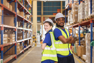 warehouse worker team portrait multiracial standing together happy smiling for industry labor enjoy...