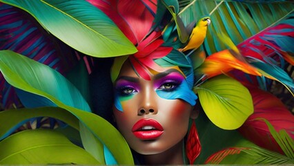 portrait of a woman with colored abstract hair, abstract colored portrait of a woman, portrait of a woman with colorful makeup, abstract Ultra HD colors, exotic colors