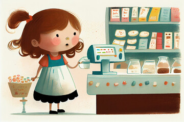 Little child is a vendor or cashier. Illustration for a children's magazine or book about different professions of people.