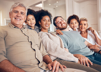 Happy big family, portrait and sofa for holiday weekend, break or bonding together in relax at...