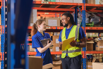 warehouse inventory worker happy working together diversity team friend at work cargo products...