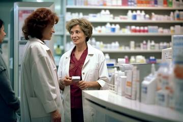 Fototapeta premium Generative AI illustration of people buying medicines in a big pharmacy