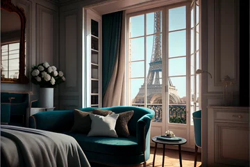 Fotobehang Interior of a luxurious room in an expensive hotel in Paris, France. The Eiffel Tower is visible through the panoramic window. Abstract illustration. © serperm73