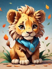 a cartoon lion with a blue scarf sitting in the grass