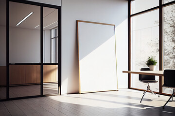 View of a white hall, a corridor with a large empty banner on the wall and a place for your text. Large panoramic windows. Part of an office or residential apartment.