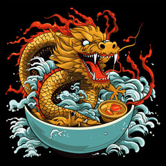 Dragon with ramen noodles vecotr illustration, graphics for t-shirt prints