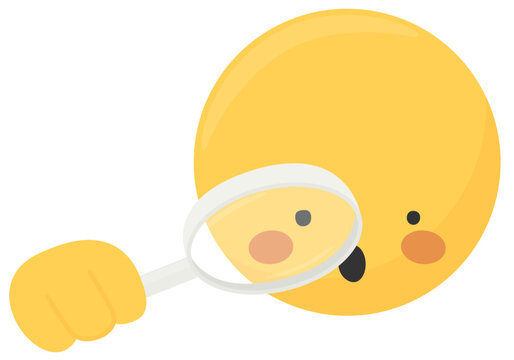 Surprise emoji face with a magnifying glass in hand, over eye. Cute yellow emoticon holding a hand lens, amazed open mouth, very attentive and surprised. Explorer, detective, inspector character