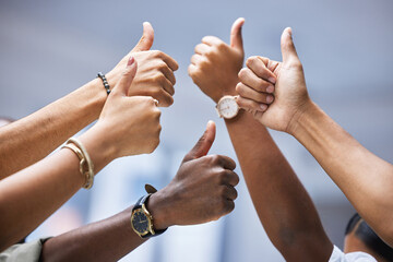 Closeup, people and thumbs up for collaboration, agreement and support of team building...