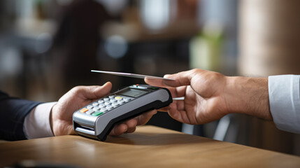 Contactless payment concept, customer holding credit card near nfc technology on counter, client make transaction pay bill. Created with Generative AI technology.