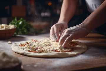 Selbstklebende Fototapeten Human hands closeup preparing pizza. Generative AI © lanych