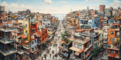 Obraz premium AI Generated. AI Generative. Abstract city town urban top view panorama landscape view from above. Outdoor buildings.