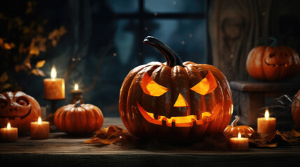 Obraz premium Halloween pumpkin head jack lantern on Spooky background.