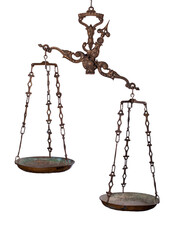 Antique rusty balance scale isolated on white background. Justice and making decision concept. Png clipart isolated on transparent background