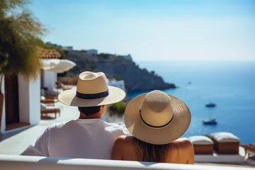 Foto op Plexiglas Mediterraans Europa Couple is vacationing on a Greek island. A man and a woman in straw hats admire the sea.