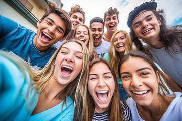 A large multiethnic group of young people take a selfie.